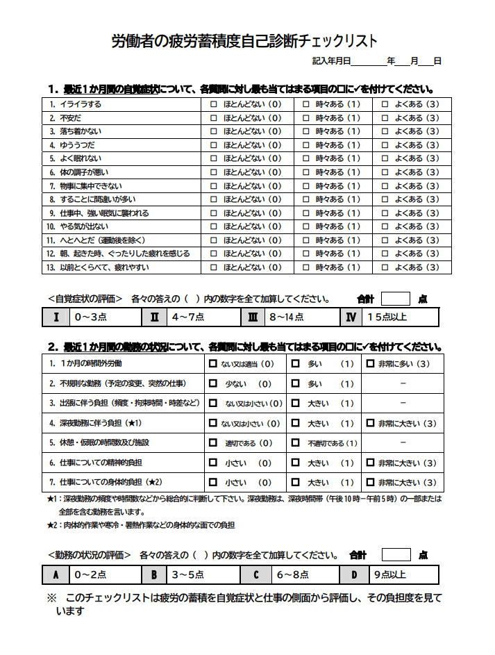 厚生労働省「労働者の疲労蓄積度自己診断チェックリスト」